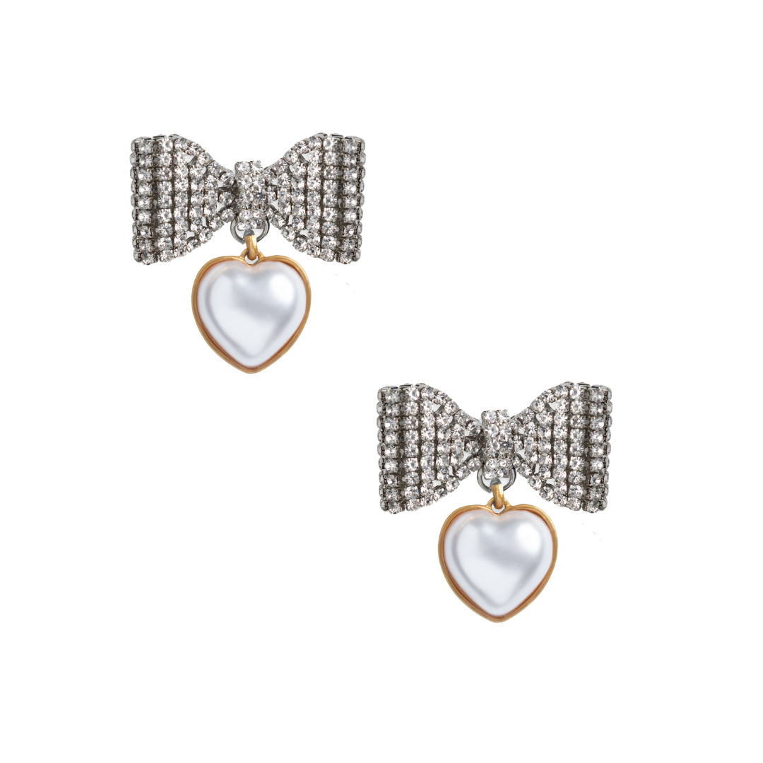Pave Pearl Heart Bow Drops